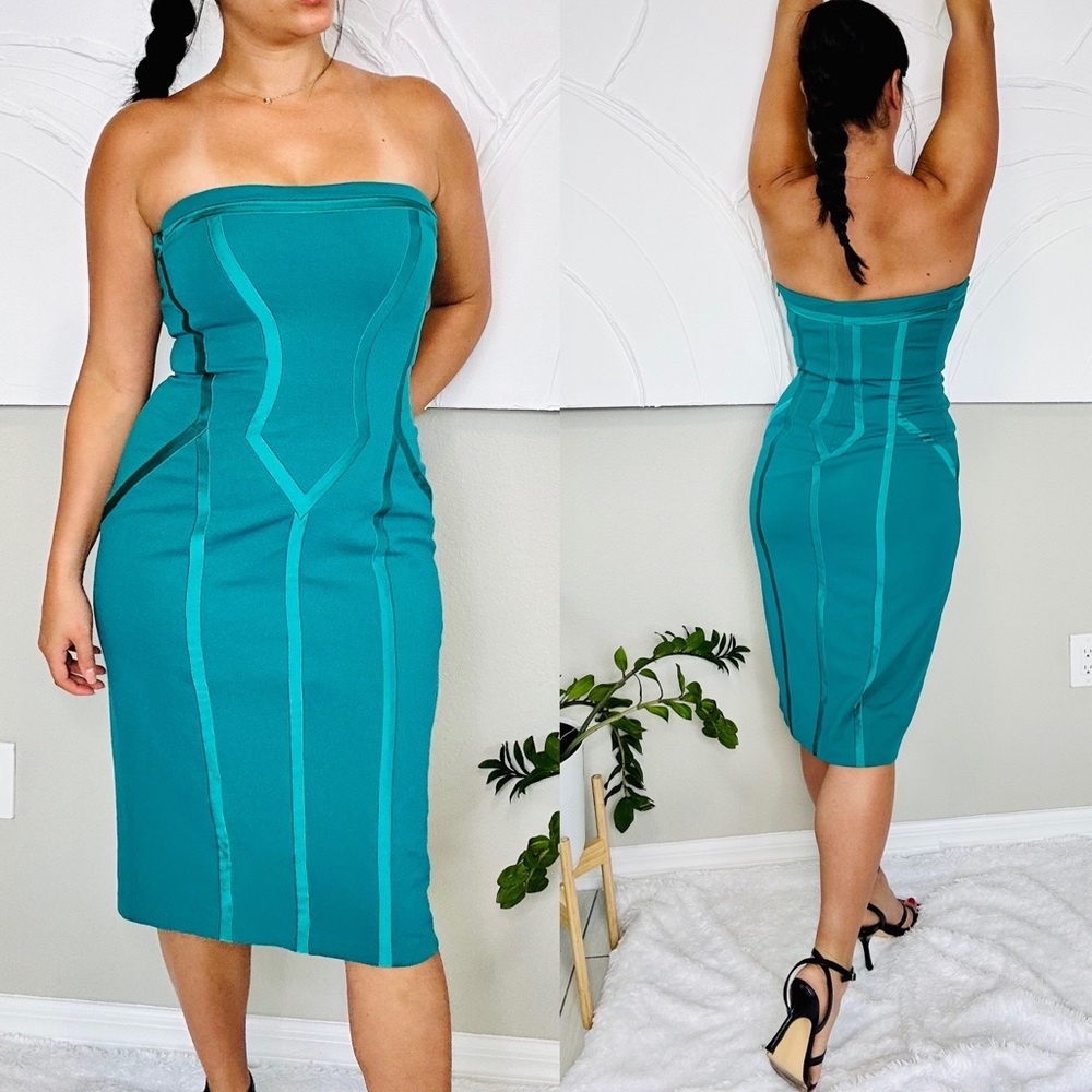 Tadashi shoji Strapless Green MIDI Dress